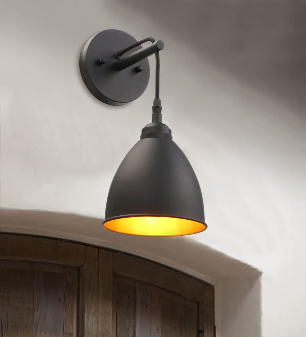 Phansthy Hanging Wire Wall Lamp Retro Style Antique Industrial Metal Shade Wall Light Wall Sconce Vanity Light Fixture, for Bedroom Living Room Hall Stairway E27 Bulb Base (Black)