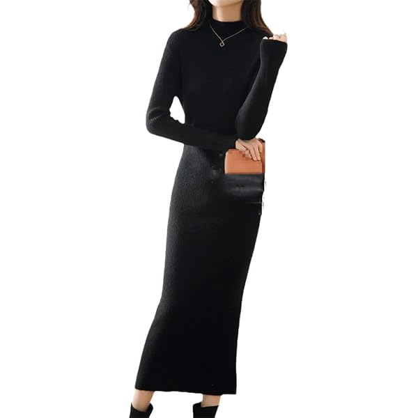 Women Sweater Dress High Neck Ribbed Knit Sweater Dress Black at Amazon  Women's Clothing store