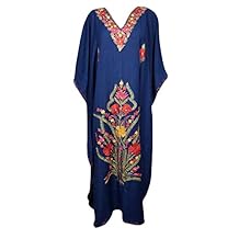Mogul Interior Women's Blue Maxi Caftan Embellished Floral Kimono House Dress Cover Up Lounger Wear Kaftan Dress 3XL