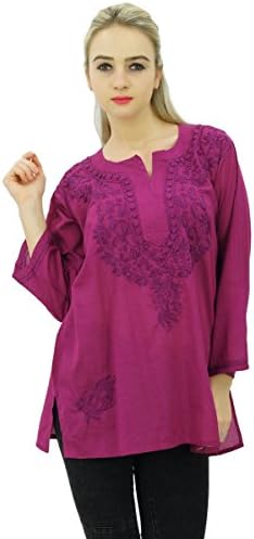 Ethnic Women Top Tunic Chikan Embroidered Long Sleeve Kurti Dress Kurta