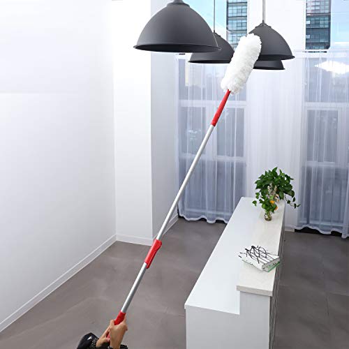 CLEANHOME Microfiber Feather Duster with Extension Pole and 1 Extra Duster Refillï¼Œfor Cleaning High Ceiling Fan, Interior Roof, Cobweb, Computer Screens, Car,White