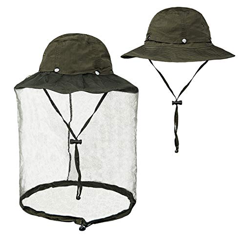 FitsT4 Mosquito Head Net Hat UPF 50+ Safari Hat Wide Brim Fly Bug Hat Insect Bee Mosquito Gants with Hidden Net Mesh for Outdoor Lover Men & Women