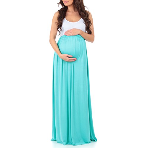 Women's Sleeveless Ruched Color Block Maxi Maternity Dress by Mother Bee - Made in USA, White-Mint, Medium