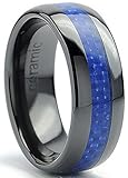 8MM Dome Men's Black Ceramic Ring Wedding Band With Blue Carbon Fiber Inlay Size 12