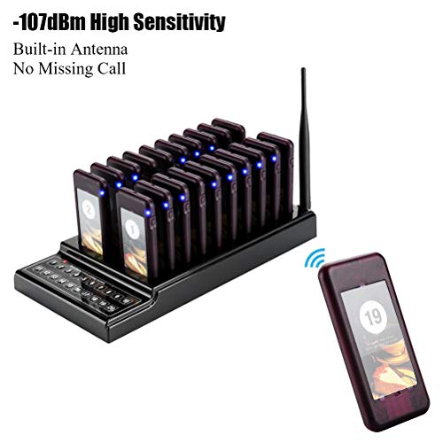 20 Channels Guest Paging System -107dBm High Sensitivity Wireless Queue Calling System 3 Indication Modes with 20pcs Coaster Pagers and 1pc Call Button Keypad Transmitter for Restaurant Clinic Church - Thumbnail 4