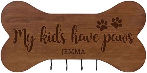 Personalized My Kids Have Paws Wall Mounted Dog Bone Pet Leash Rack,Dog Collar Holder New Home Decor Gift ideas and 4 hooks 16" L x 8" H 2.5." deep by Rooms Organized (Cherry)