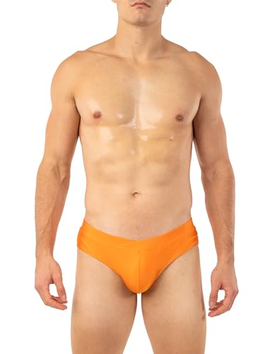 Gary Majdell Sport Men's Bikini Swimsuit with Crossover Waistband - Available in Shiny Tricot, Liquid Metallic, and Nylon Spandex Prints (Neon Orange, XL) at Amazon