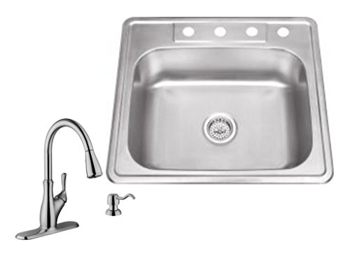 MSDP2522P7636, 25" x 22" Stainless Steel Drop In Single Bowl Kitchen Sink with Gooseneck Kitchen Faucet