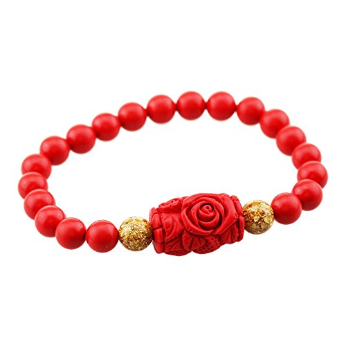 FOY-MALL Starfish Flowers Charm 8mm Cinnabar Beads Stretch Bracelet E1432