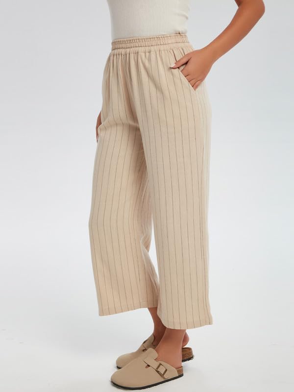 Les umes Women's Summer 7/8 High Waist Linen Pants with Pockets | Comfy Linen Striped Printed Capri Wide Leg Palazzo