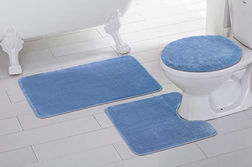 Mk Home 3pc Absorbent Bath Mat Set Solid Light Blue with Bath Rug, Contour Mat and Toilet Seat Lid Cover Non-Slip Rubber Blacking New