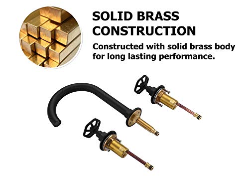 RKF Solid Brass Two Handle Widespread Bathroom Sink Faucet with Metal Pop-up Drain with overflow and CUPC Faucet Supply Hoses,Matte Black,CWF026-MB