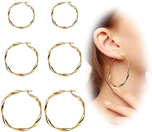 Wowanoo 3 Pairs Twisted Hoop Earrings Textured Large Circle Earrings Spiral Earrings Hoops Set for Women Girl
