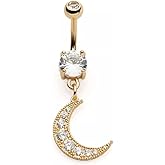 14GA Gold Tone 316L Stainless Steel CZ Crystal Paved Crescent Moon Dangling Belly Button Ring