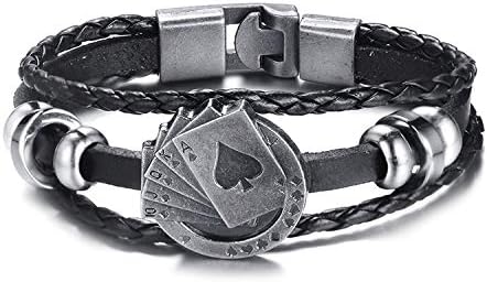 Prunusmume Lucky Vintage Men's Leather Bracelet Playing Cards Raja Vegas Charm Multilayer Braided Women Pulseira Masculina