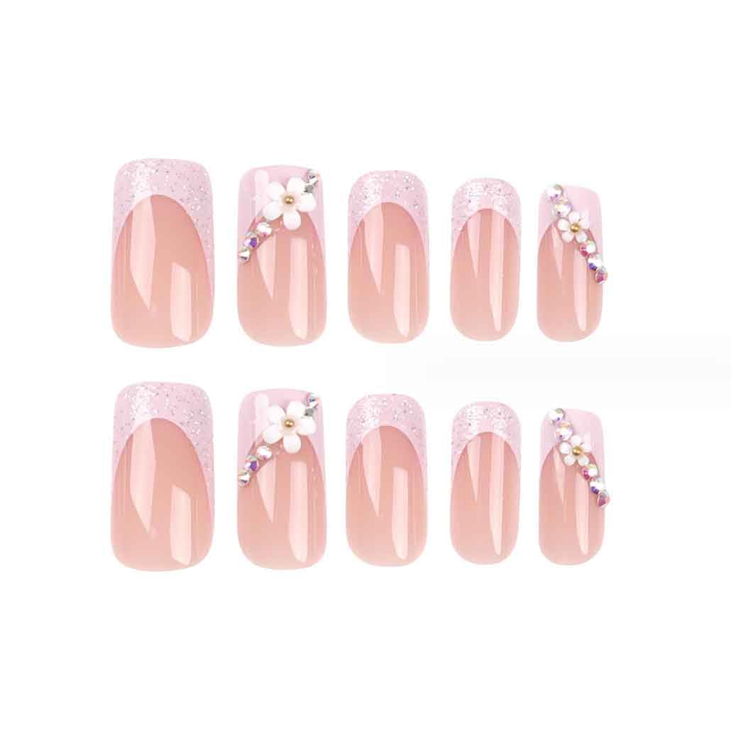 Foccna 3D Flower Fake Nails Square Pink French Press on Nails Long Bling Glossy Rhinestone False Nail Tips Artificial Nails Finger Manicure for Women and Girls 24pcs - Image 4