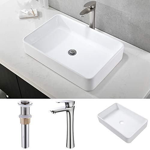 Bokaiya 24" Bathroom Vessel Sink and Faucet Combo Bathroom Rectangular White Ceramic Porcelain Counter Top Vanity Bowl Sink & Brushed Nickel Faucet and Pop-up Drain Combo - Thumbnail 7