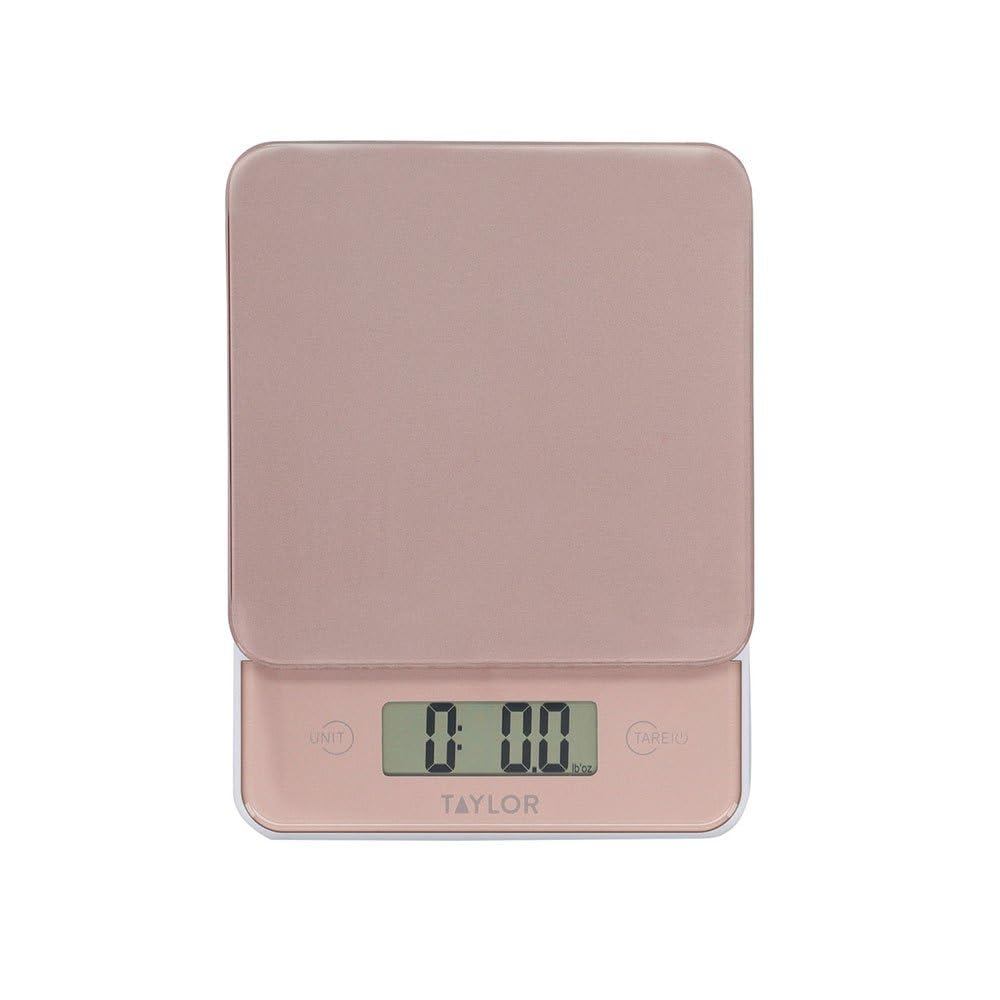Taylor Digital Glass Kitchen Scales, Stylish Compact Food Weigh Scales with Precision Accuracy and Tare Function, Rose Gold, 5 kg Capacity