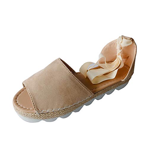 Sunyastor Womens Espadrilles Lace Up Flat Shoes Platform Ankle Strap Wrap Summer Sandals Peep Toe Chunky Holiday Shoes Beige