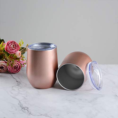 12oz Stainless Steel Stemless Wine Tumbler with Straws -ACOOME Double Wall Vacuum Insulated Wine Glass with Lid,Great Perfect for Wine, Coffee, Drinks,2 Sets (Rose Gold)