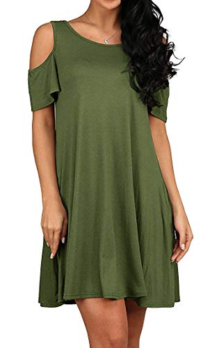 QIXING Women's Summer Cold Shoulder Dresses Swing T-Shirt Dress with Pockets Army Green-S