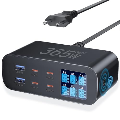 365W USB C Ladegerät Mehrfach mit LED Anzeige, YSYFAD 6-Port GAN USB Ladestation PD USBC Netzteil QC USBA Schnellladeleistung Ladegerät Typ-C 100W Charger für MacBook Laptops i Phone Pad, Schwarz