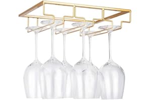 Wine Glass Rack - Under Cabinet Stemware Wine Glass Holder Glasses Storage Hanger Metal Organizer for Bar Kitchen Gold