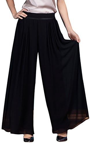 VOA Women's Double Layer Silk Black Wide Leg Elastic Waist Straight Long Pants Bottom K163