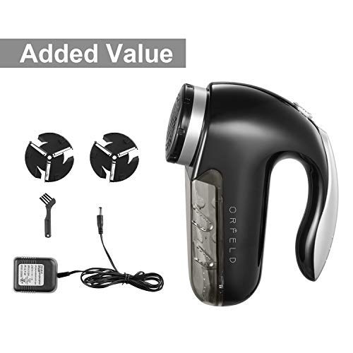 Orfeld Fabric Shaver, Lint Remover with Two Replaceable Blades & Removable bin, Best Lint Shaver for Cloths, Fabrics and Furniture, use with Batteries or Power Adapter (M, Black)