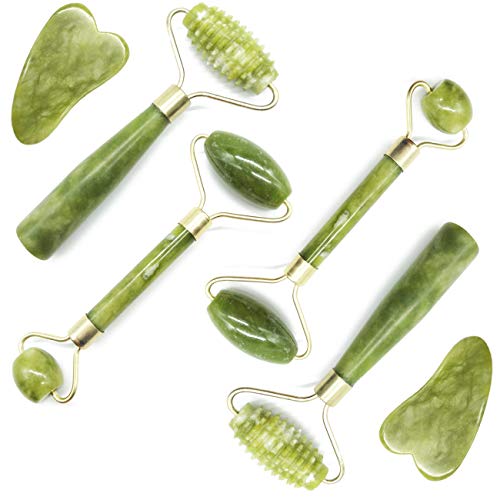 TIHOOD 6PCS Gua Sha sets, 4 Pack Jade Roller Facial Ridged Roller Kits Skin Roller with 2 Pieces Gua Sha Scraping Massage Tools Anti Aging and Wrinkles for Face, Eye, Neck, Body for Lymphatic Massage