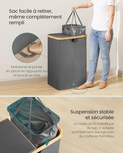 Panier à Linge à 2 Compartiments, 150 Litres, Trieur de Linge Sale avec Couvercle, Sacs Amovibles, pour Buanderie, Chambre, Salon, Gris Ardoise et Beige Naturel LCB523G01