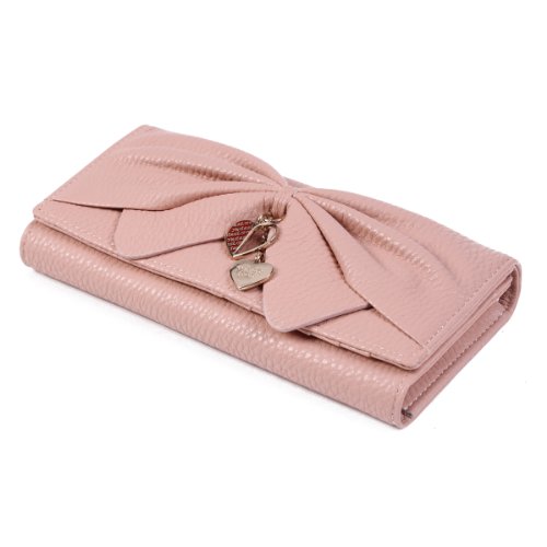 Damara Women Long Faux Leather Bifold Large Bow Design Wallet Handbag,Apricot - Thumbnail 5