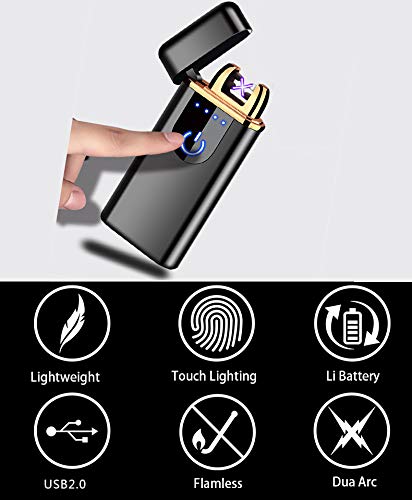 Electric Lighter, USB Rechargeable Double Arc Flameless Windproof Plasma Lighter Cool Lighter for Camping, Hunting, Backpacking,Hiking,Firestarter,Survival,EDCetc (Black)