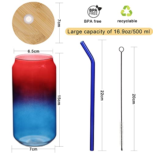 GMWD Set of 4 Red Drinking Glasses with Bamboo Lids and Glass Straw, 16oz Can Shaped Glass Cups Set Tumbler Cup for Coffee Cocktail Beer Whiskey Milky Tea Juice Iced Cream - 2 Cleaning Straw Brushes