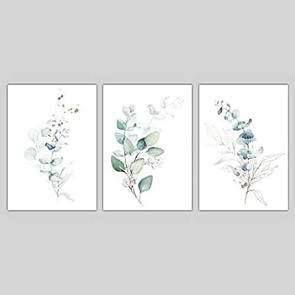 Artze Wall Art Floral Eucalyptus Print 3-Piece Set, 30 cm Width x 40 cm Height, Blue/Green/Gold Splash