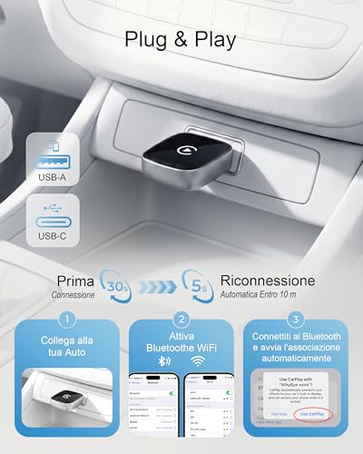 WityEye CarPlay Wireless Adapter Dual Core Wi-Fi 5.8GHz Bluetooth V5.3 Fast & Stable Plug & Play for Apple iPhone with iOS 10+ & Vehicles with Wired CarPlay Function (2016)