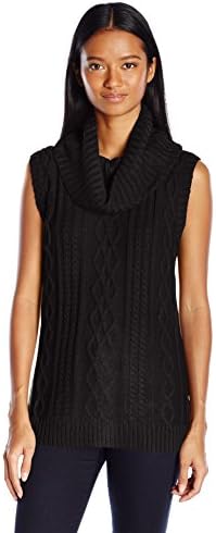 PINK ROSE Women's Lanie Sleeveless Pullover Cable Tunic Sweater, Black, Medium