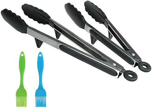 DINHAND Silicone Kitchen Tongs, Set of 2 Bundle 9 - 12 Inch with (2 Pack) Basting Brushes, Heavy Duty, Non- Stick, Stainless Steel Tongs for Barbecue, Grilling, Cooking