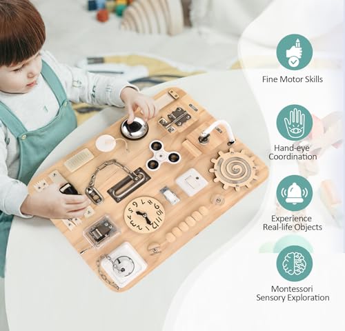 Montessori Large Busy Board for Toddlers - Wooden Sensory Toys -Fidget Toys for Autistic Children-Preschool Learning Activities Fine Motor Skills