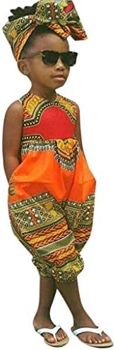 Fheaven 2Pcs Toddler Kids Baby Girl Summer Outfits Clothes African Print Sleeveless Romper Jumpsuit +Headband
