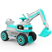 HOVER HEART Excavator Ride-On Toy 6V/4.5Ah Front LED Construction Truck 4 Wheels Pulling Cart for Kids (Turquoise)