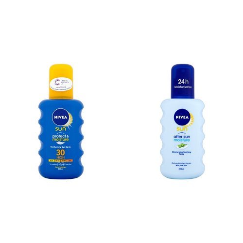 Nivea Sun Protect and Moisture Moisturising Sun Spray SPF 30 and Nivea After Sun Spray with Aloe Vera, 200 ml Each