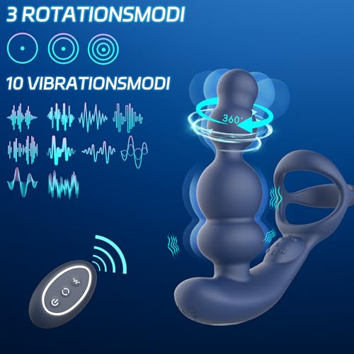 Anal Vibratoren für Mann Sex Spielzeug - 4 In 1 Prostata Stimulation Fernbedienung Analkugeln Buttplug Dildo mit Doppelte Penisringe 10 Vibrations & 3 Rotationsmodi Prostata Massagegerät Analplug