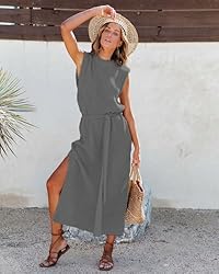 Asskdan Womens Elegant Solid A-Line Sleeveless Slit