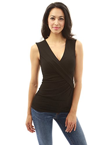 PattyBoutik Womenâ€™s V Neck Cross Front Pleated Sleeveless Blouse (Black S)