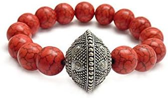 Red Boho Stacking Bracelet - Vintage Silver Lucite Bead - Fossil Stones - Handmade Beaded Jewelry