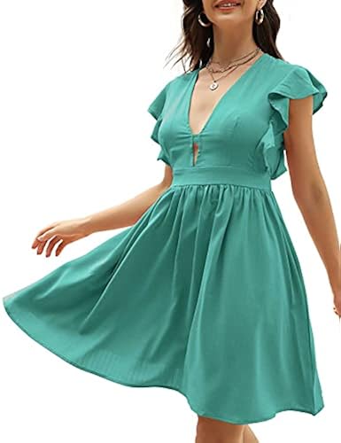 FANCYINN Women's Plunge Mini Dress V-Neck Ruffle Sleeve A Line Swing Flared  Skater Cocktail Dress with Pockets Peacock L Malachite Green in Oman - Main Image