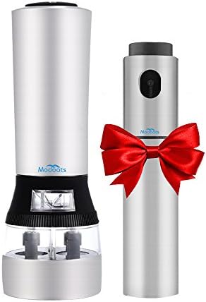 Madoats 2 in 1 Electric Salt and Pepper Grinder-Battery Operated-Adjustable Ceramic Grinder-Brushed Stainless Steel Salt and Pepper Shakers with Portable Olive Oil Sprayer