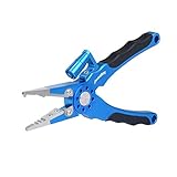 MadBite Lighted Aluminum Fishing Pliers - Tungsten Carbide Braid Cutters - Super Bright LED Bulb - Crimper - Hook Remover - Split Ring Tool (7.5-inch with Led Light, Blue (X17-BL-Lighted))