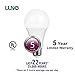 LUNO A21 Dimmable LED Bulb, 15W (100W Equivalent), 1600 Lumens, 5000K (Daylight), Medium Base (E26), UL Certified (4-Pack)
